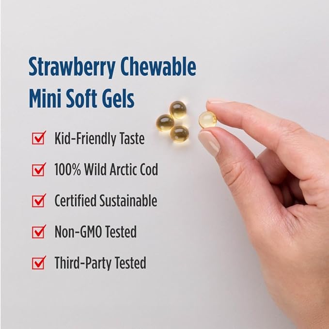 Nordic Naturals Children’s DHA Strawberry - 120 Mini Chewable Soft Gels for Kids - 250 mg Omega-3 with EPA &amp DHA - Brain Development &amp Function - Non-GMO - 30 Servings (Pack of 2)