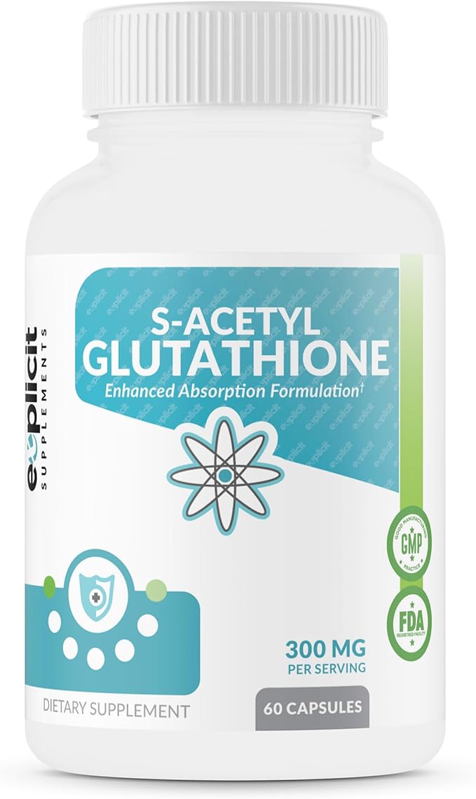 eXplicit Supplements S-Acetyl Glutathione SAG 300mg Per Dose Acid-Resistant Caps Made in The USA - 60 Capsules
