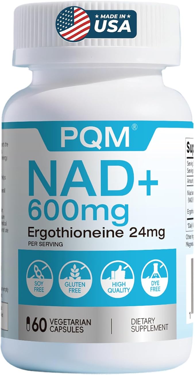 PQM NAD+ 600mg with Ergothioneine 24mg | Supports Cellular Energy Anti Aging &amp Vitality | 99% Pure NAD Supplement | 60 Vegetarian Capsules Third-Party Tested