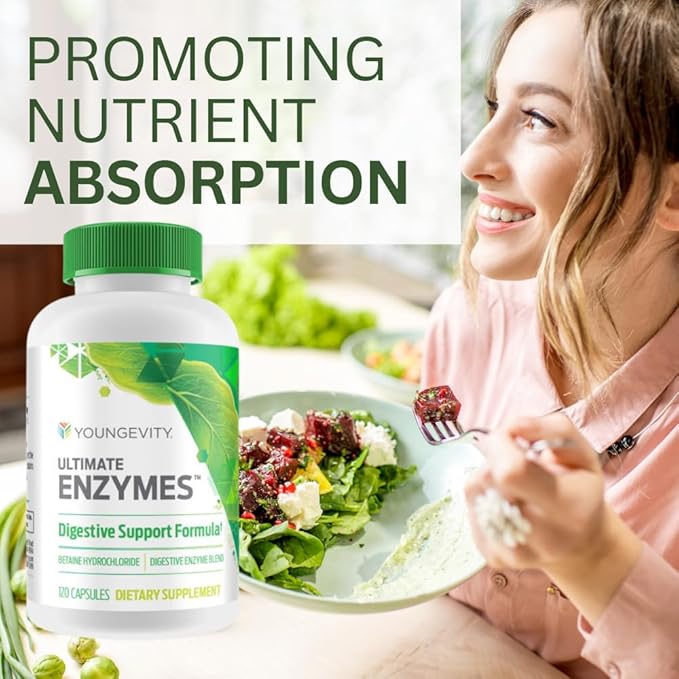 Youngevity Ultimate Enzymes® - Multi Enzymes for Digestion Gas &amp Bloating Relief - Betaine HCl Ox Bile Pancreatine 10X Papain 6M Pepsin 1:3000 (120 Capsules - 4 Pack)