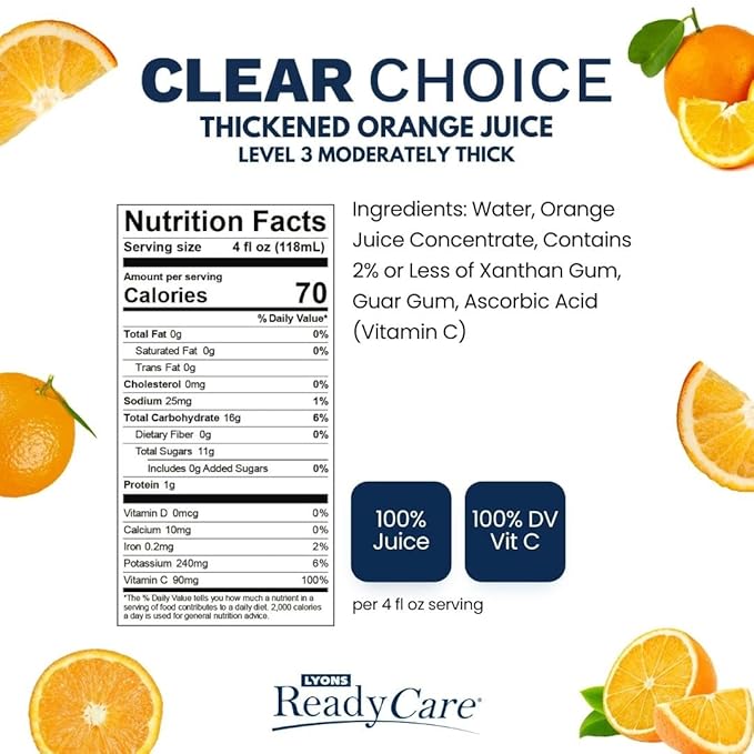 Lyons ReadyCare Thickened Orange Juice for Dysphagia &amp Swallowing Difficulty - Honey Consistency Level 3 Moderately Thick - 4 fl oz (48 pack)
