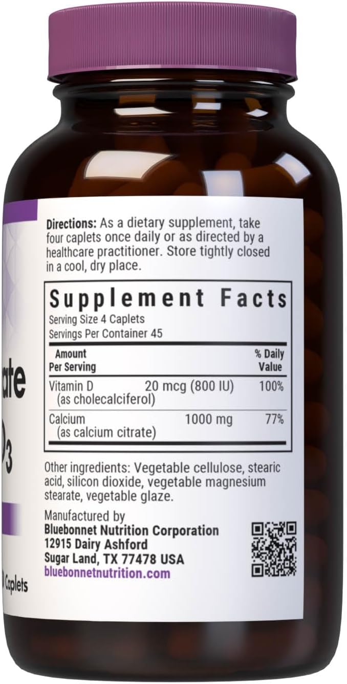 Bluebonnet Calcium Citrate with Vitamin D3 - Daily Bone Health &amp Strength Plus Immune Support* 1000mg Calcium Supplement for Women &amp Men - Non-GMO Gluten-Free - 180 Caplets