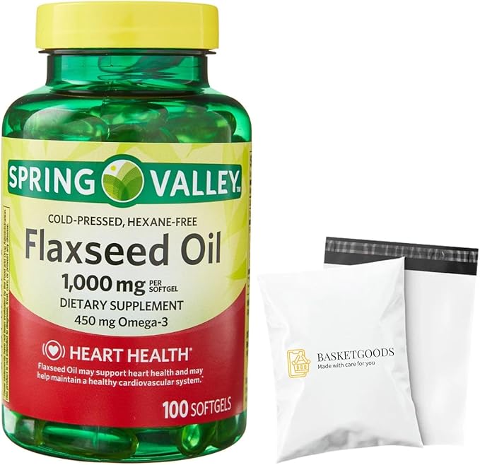 Flaxseed Oil Softgels - Vegan Omega 36 and 9 Dietary Supplement - Flaxseed 1000mg Softgels per Serving - Flax Seed Oil Pills by Spring Valley 100 Count (Pack of 1) - Set by Basket Goods