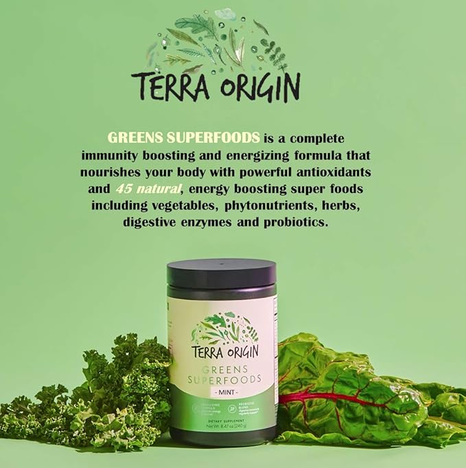 TERRA ORIGIN Healthy Superfood Greens Powder Drink with Probiotics &amp Ashwagandha | Adaptogen &amp Digestive Enzyme Fruit and Veggie Blend | for Gut Health Energy Immune Support* | 30 Servings |