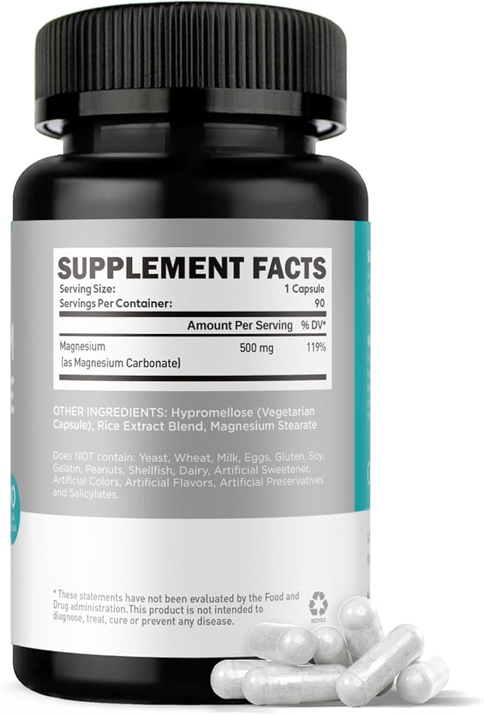 Magnesium Carbonate 500mg High Absorption Supplement for Digestive Health Muscle &amp Nerve Function 3 Month Supply Vegan Non-GMO Gluten-Free 90 Capsules