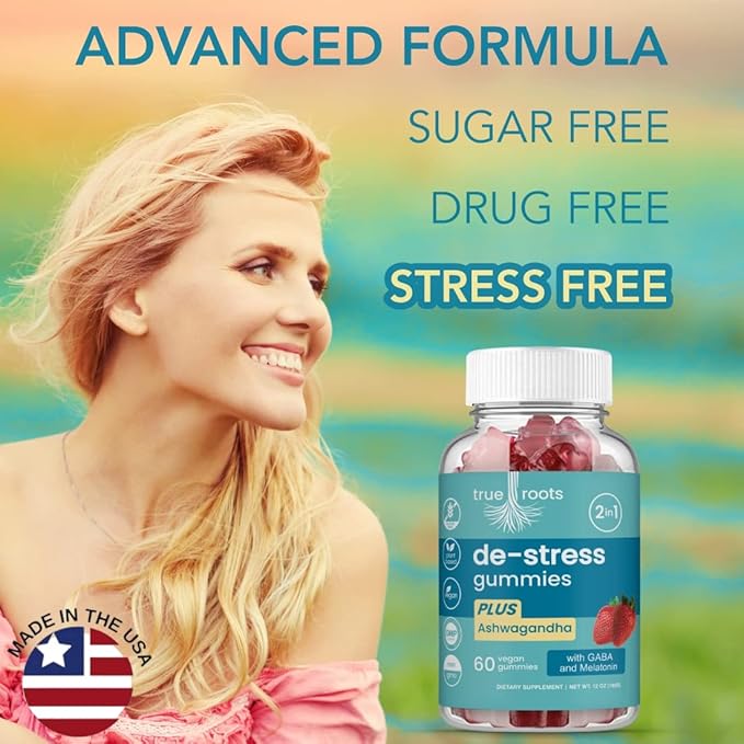 Stress Gummies Same Day Stress Relief | Destress and Calm | Ashwagandha GABA Melatonin l-Theanine Lemon Balm | Sugar Free Vegan 60 ct