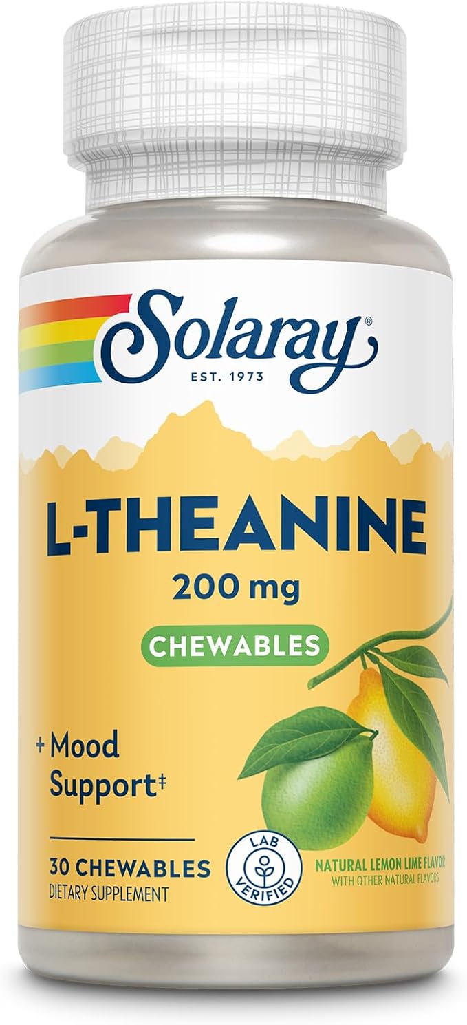 SOLARAY L Theanine 200mg Mood Support Supplement with Vitamin B6 - Calming Support During Occasional Stress - Natural Lemon Lime Flavor - 60-Day Guarantee Lab Verified - 30 Servings 30 Chewables