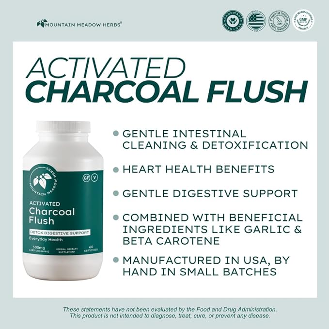 Mountain Meadow Herbs Activated Charcoal Flush – Natural Detox Cleanse Supplement for Digestion Gas Relief and Bloating Support – Activated Charcoal Capsules for Internal Cleansing 240ct