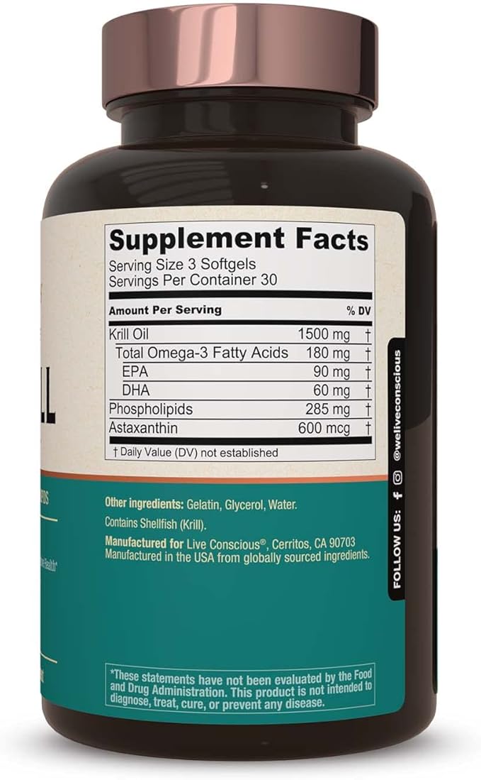 Live Conscious KrillWell Joint and Cognitive Support | Certified Sustainable Krill Oil 2X More Effective Than Fish Oil - (Pack of 2)
