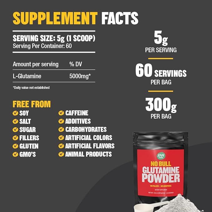 “No Bull” L-Glutamine Powder - Unflavored and Micronized Glutamine Pure L Glutamine Powder Non GMO L Glutamine Supplement Naturally Vegan Vegetarian and Gluten Free 300g