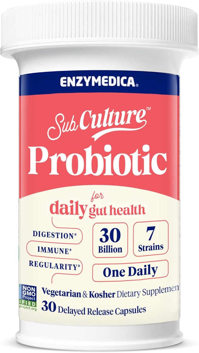 Enzymedica SubCulture Probiotics for Men and Women Capsules for Daily Gut Health 30 Billion CFU + 7 Live Strains Digestion Regularity &amp Immune Health Lactobacillus and Bifidobacterium 30 Co
