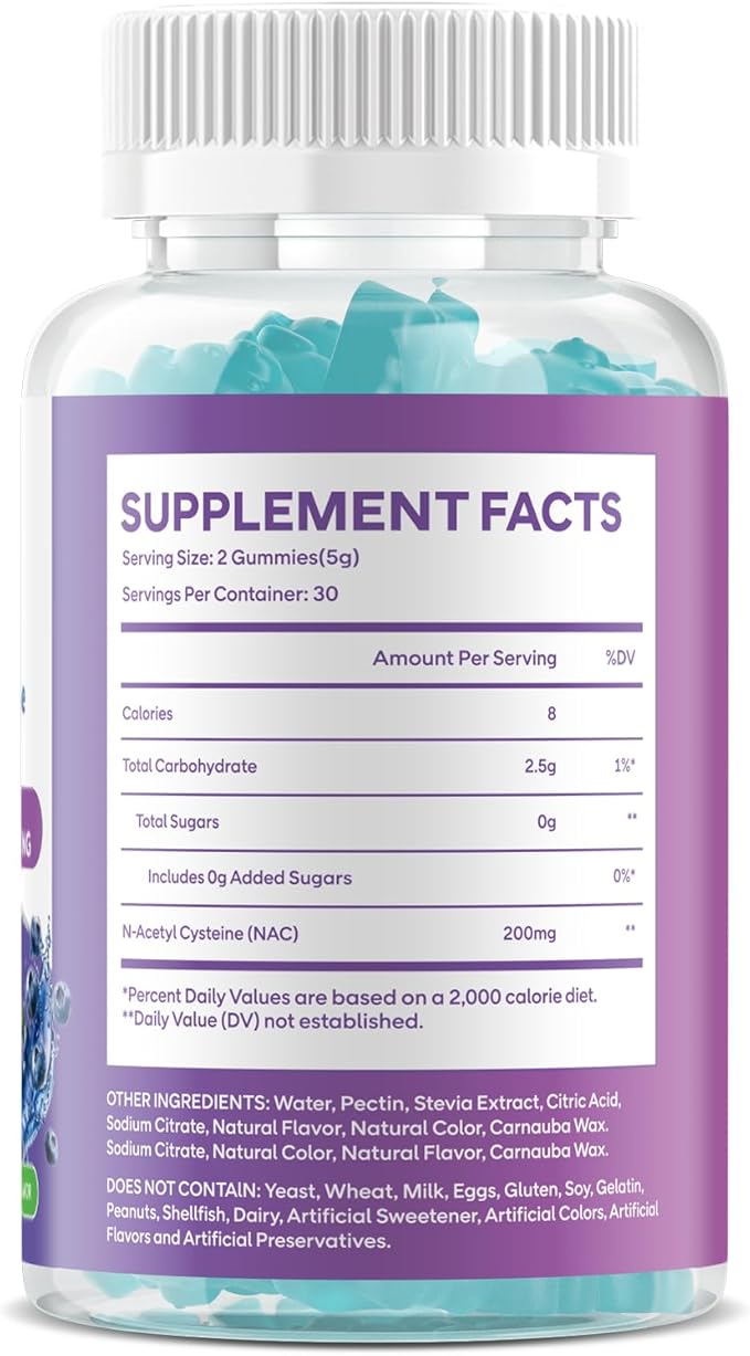 2 Pack NAC Gummies for Kids &amp Adults NAC Supplement N Acetyl Cysteine 200mg for Antioxidants &amp Immune Support Non-GMO Gluten-Free Vegan Sugar Free Blueberry Flavor 120 Count