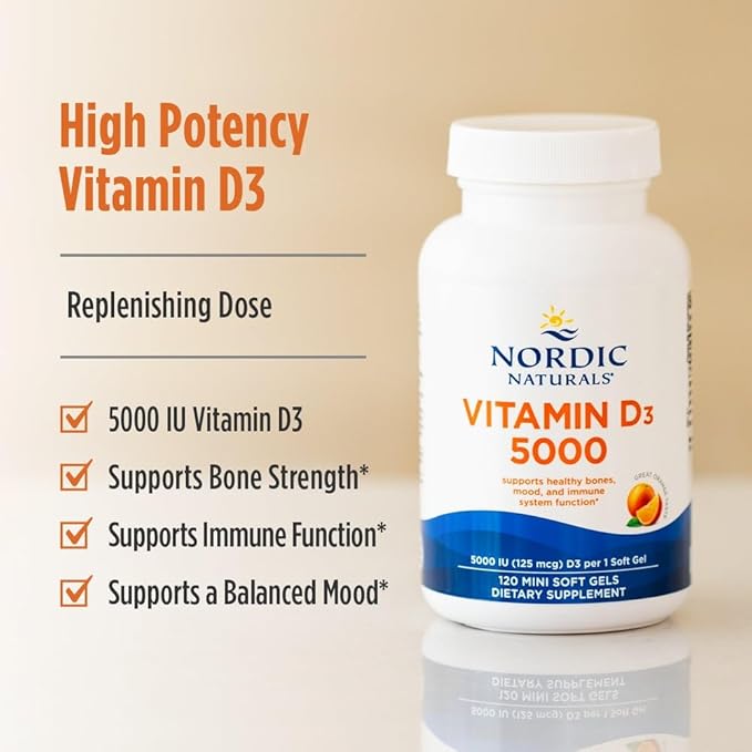 Nordic Naturals Vitamin D3 5000 Orange - 120 Mini Soft Gels - 5000 IU Vitamin D3 - Supports Healthy Bones Mood &amp Immune System Function - Non-GMO - 120 Servings (Pack of 2)