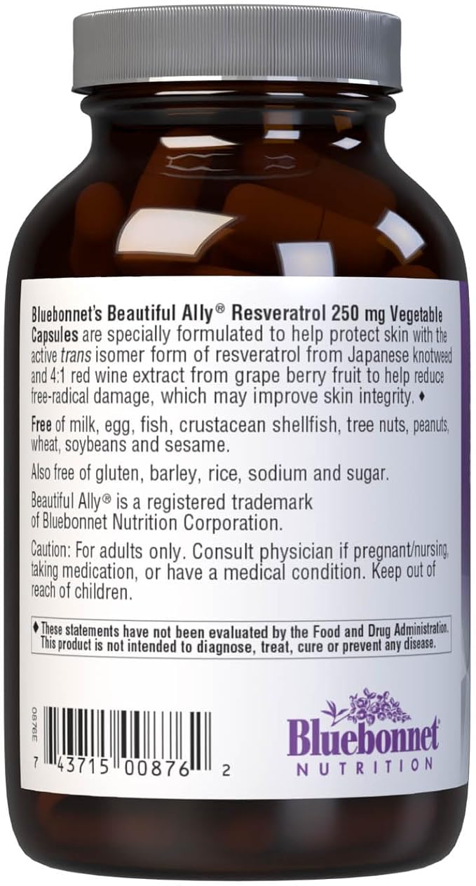 Bluebonnet Nutrition Beautiful Ally Resveratrol 250 mg Protect Skin Integrity* Non-GMO Vegan Gluten-Free Soy-Free Dairy-Free 30 Vegetable Capsules 30 Servings