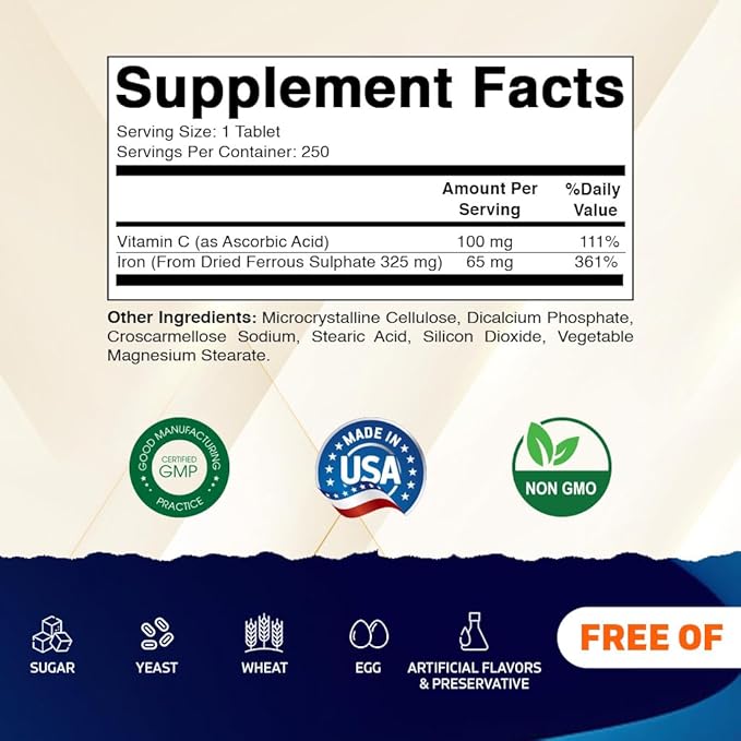 Vitamatic Ferrous Sulfate 325 mg with Vitamin C 100 mg (65 mg Elemental Iron) – High Potency Iron Supplement – No Artificial Colors – 250 Coated Tablets Made in USA - 2 Pack
