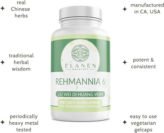Elanen Naturals Liu Wei Di Huang Wan Rehmannia 6 Six Flavor Rehmannia 100 Vegetable Capsules