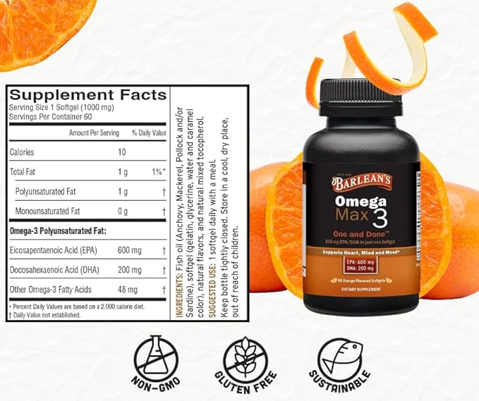 Barlean's Ideal Omega Max 3 Fish Oil Supplements 1000 mg Softgels EPA and DHA Fatty Acid Pills for Men and Women Orange Flavor 60 Count