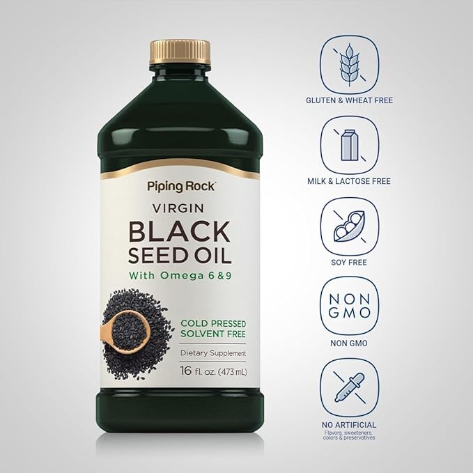 Piping Rock Black Seed Oil Liquid | 16 Ounces | with Omega 6 &amp 9 | Cold Pressed Solvent Free Supplement | Vegetarian Non-GMO Gluten Free Formula