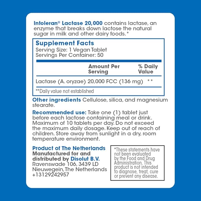 Intoleran Lactase 20000 Digestive Enzymes - 50 Scored Tablets | Supplement for Lactose Intolerance | Lactase Enzyme That Helps Digest Dairy &amp Lactose | Highest Dosed &amp Fast Acting | Pure &amp