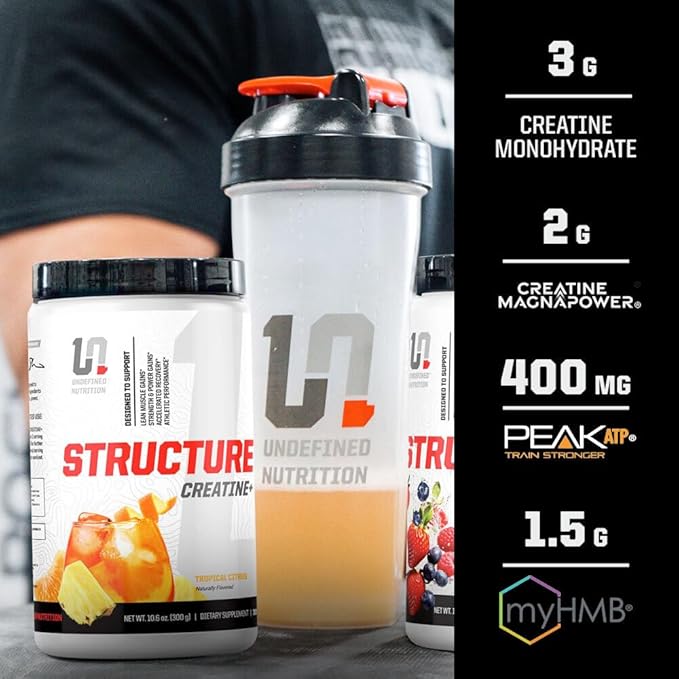 Undefined Nutrition Structure Creatine+ by Brian Shaw (30 Servings) –Micronized Creatine Monohydrate + Magnesium Creatine Chelate &amp HMB and PEAK ATP-Strength Power Recovery (10.6oz Tropical Cit