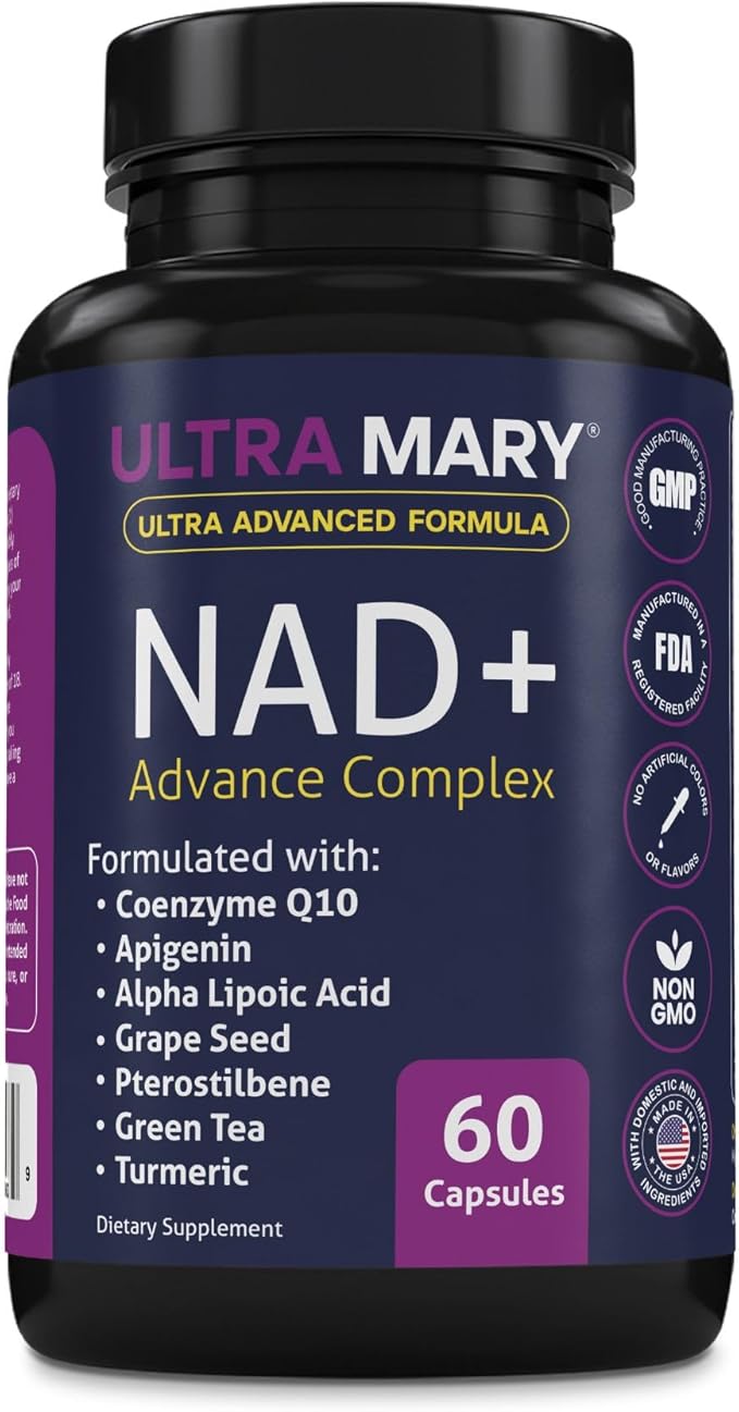 NAD+ Resveratrol Supplement – Longevity Formula with Nicotinamide Adenine Dinucleotide with CoQ10 Apigenin &amp Turmeric Anti-Ageing Formula for Men &amp Women – 60 Capsules