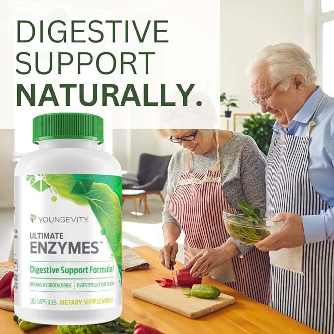 Youngevity Ultimate Enzymes® - Multi Enzymes for Digestion Gas &amp Bloating Relief - Betaine HCl Ox Bile Pancreatine 10X Papain 6M Pepsin 1:3000 (120 Capsules - 4 Pack)