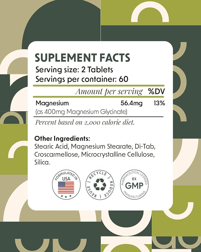 Alpha &amp Omega Nutrition Magnesium Glycinate 400mg - Supplement to Support Stress Relief Sleep Heart Health Nerves and Muscles Gluten Free Non-GMO - 120 Tablets 2 Month Supply