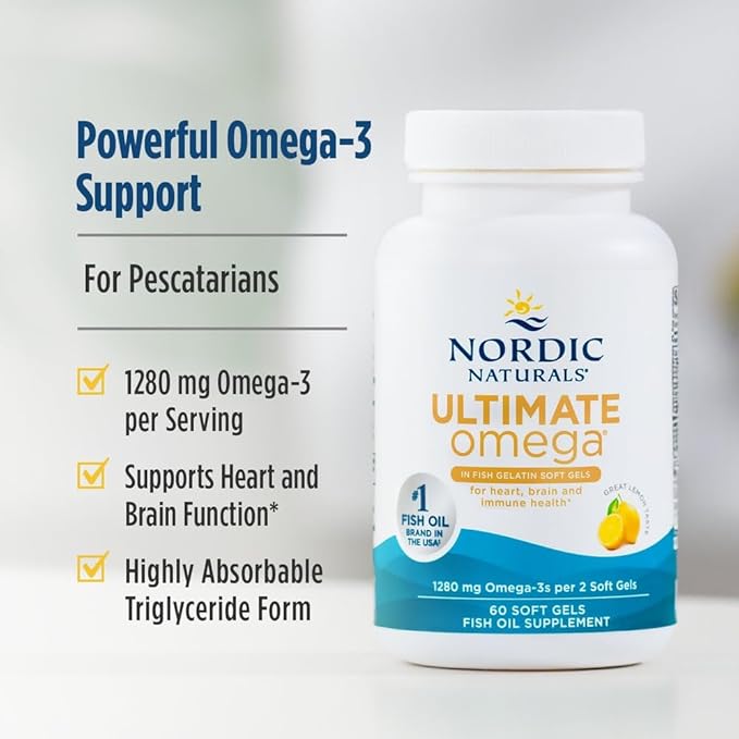 Nordic Naturals Ultimate Omega in Fish Gelatin Lemon Flavor - 60 Soft Gels - 1280 mg Omega-3 - High-Potency Fish Oil Supplement - EPA &amp DHA - Promotes Brain &amp Heart Health - Non-GMO - 30 Serv