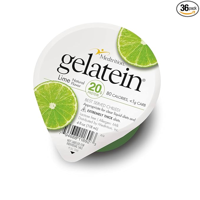 Gelatein Lime: 20 grams of protein. Sugar free. Ideal for clear liquid diets swallowing difficulties bariatric dialysis and oncology. Great pre or post-workout snack. (36 pack)