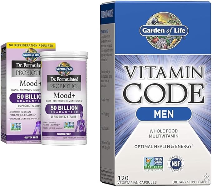 Garden of Life Dr. Formulated Probiotics Mood+ Acidophilus Probiotic Supplement &amp Vitamin Code Whole Food Multivitamin for Men Fruit &amp Veggie Blend