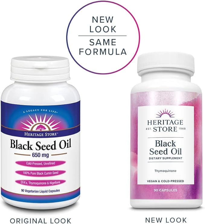 HERITAGE STORE Black Seed Oil Liquid Capsules 650mg Nigella Sativa Oil Supplement with Thymoquinone Omega 3 6 9 Antioxidant Cholesterol Digestive Joint &amp Immune Support* Vegan 45 Serv 90c