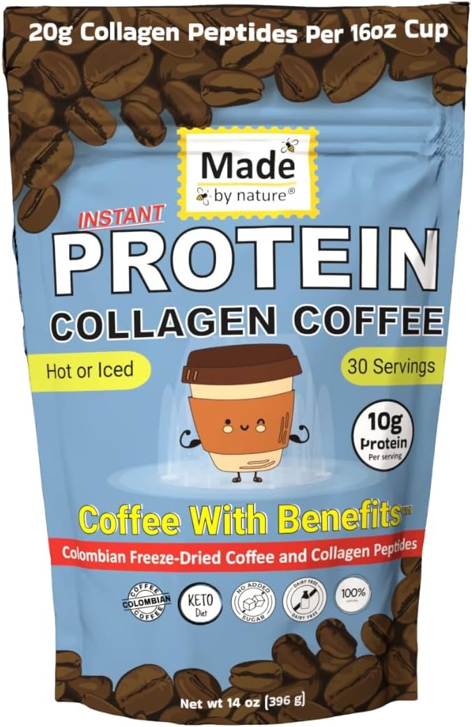 Made by Nature Collagen Protein Coffee | 30 Servings | Colombian Coffee | 10g Protein | Type 2 Collagen | Skin Joint Muscle Support | Energy Boost | Hot/Iced (30 Servings Collagen Protein Coffee)