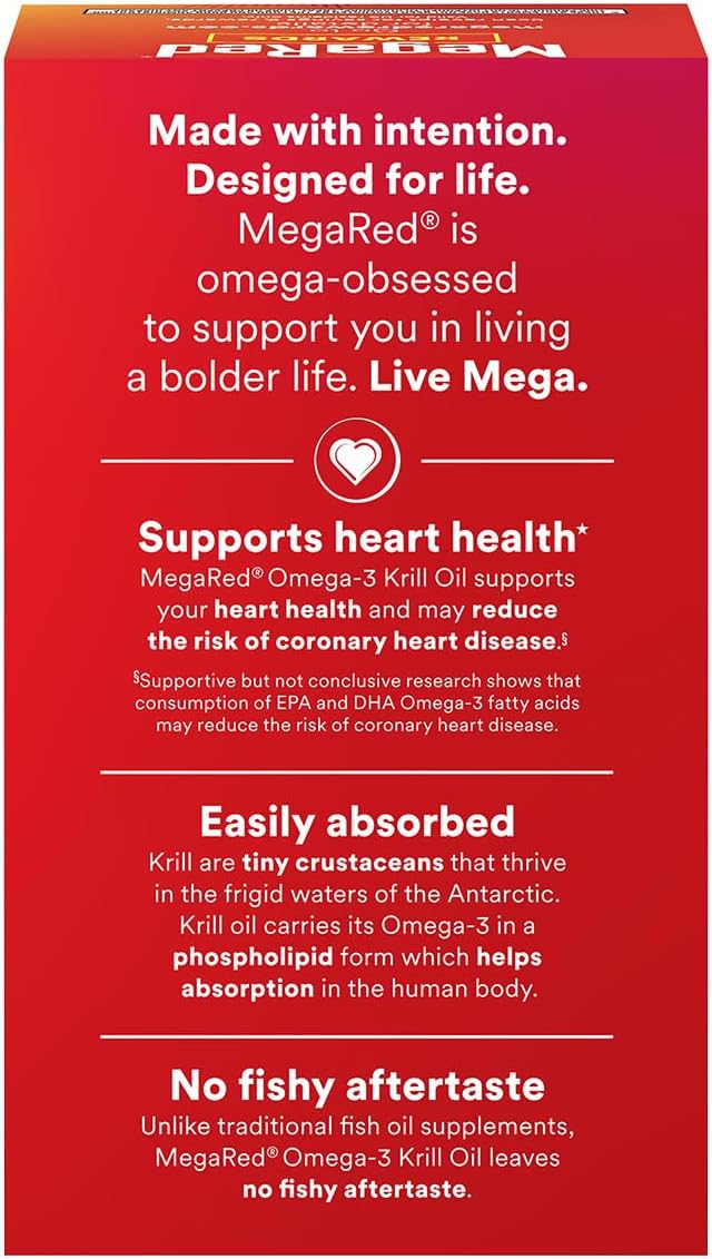 MegaRed Extra Strength 500mg Omega-3 Krill Oil Supplement with EPA/DHA No Fishy Aftertaste Supports Heart Health 80 Count Softgels (2 Pack)