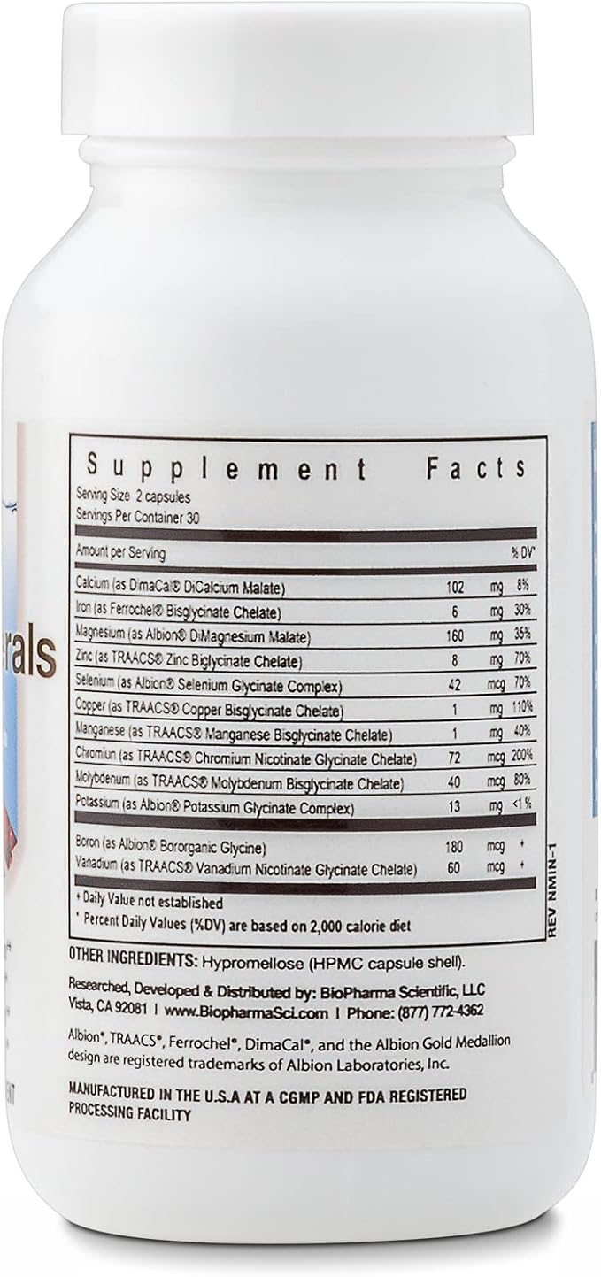 Biopharma Scientific NanoMinerals | Complete Chelated Multi-Mineral Capsules | Calcium Magnesium Zinc Iron Potassium Copper Chromium &amp More | 30 Servings