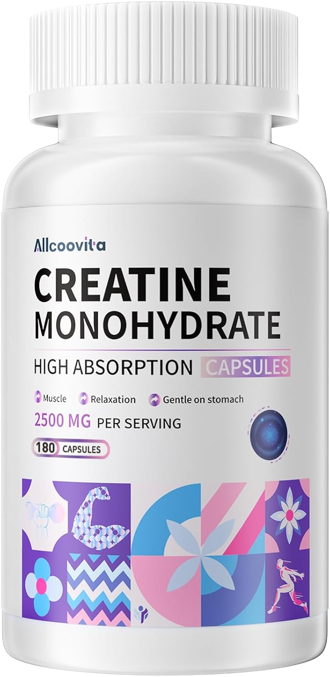 Allcoovita Creatine Monohydrate Capsules -3 Creatine Capsules per Serving 2500mg Gluten Free 180 Capsules