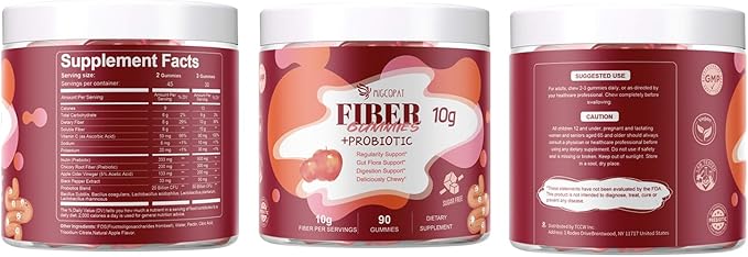 Fiber Gummies with Probiotics10G Fiber per Serving No Sugar Added Apple Flavor with 10 Billion CFU Probiotics Blend Apple Cider Vinegar Vitamin C Inulin Bloating Support 90 Count