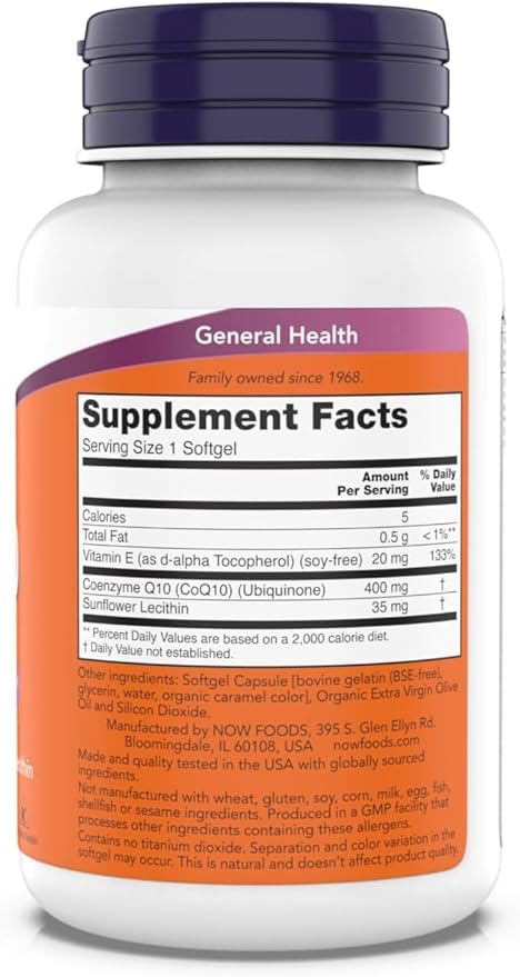 NOW Foods Supplements CoQ10 400 mg Pharmaceutical Grade All-Trans Form Produced by Fermentation 90 Softgels