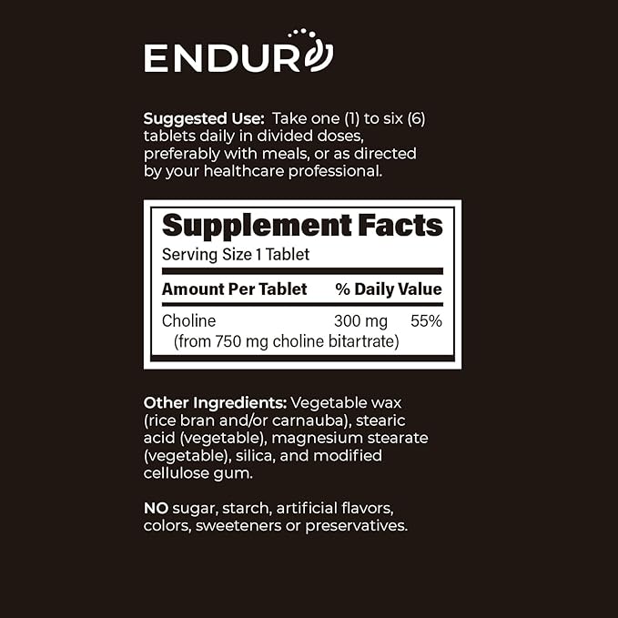 ENDUR - Choline L(+) Bitartrate - SR (Sustained Release) 300 mg - Brain Liver Cellular &amp Fetal Development - Pregnancy Support - Optimal 6–8 Hour Absorption Delivery - 200 Tablets