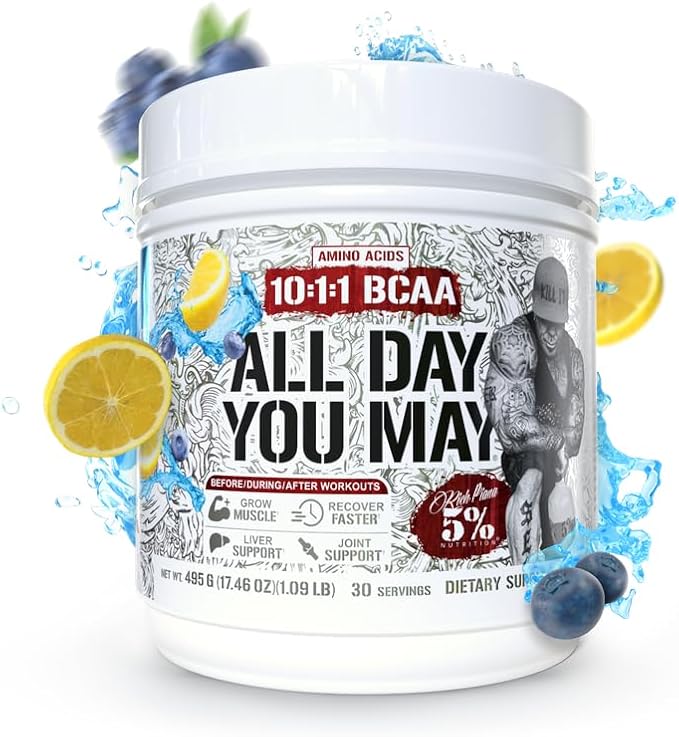 5% Nutrition Rich Piana AllDayYouMay BCAA Powder Premium Intra &amp Post Workout Amino Acids Hydration Endurance Muscle Recovery Joint &amp Liver | 17.5 oz 30 Servings (Blueberry Lemonade)