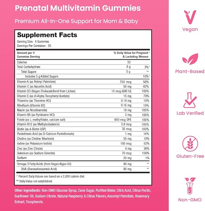 Prenatal Vitamin Gummies with DHA | Vegan Prenatal Vitamins for Women with Omega 3 Methylfolate Choline &amp D3 Pregnancy Vitamins for Fetal Development | Gummy Multivitamin Supplement 120 Count