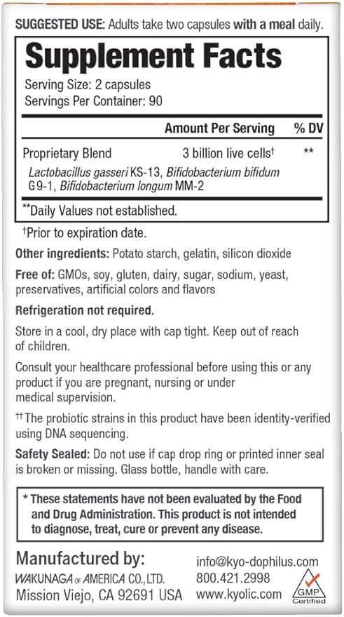 Kyo-Dophilus Daily Probiotic - Immune &amp Digestive Health Support* - Clinically Studied Friendly Trio Strains - Adult Probiotic Capsules - 180 Capsules (90 Servings)