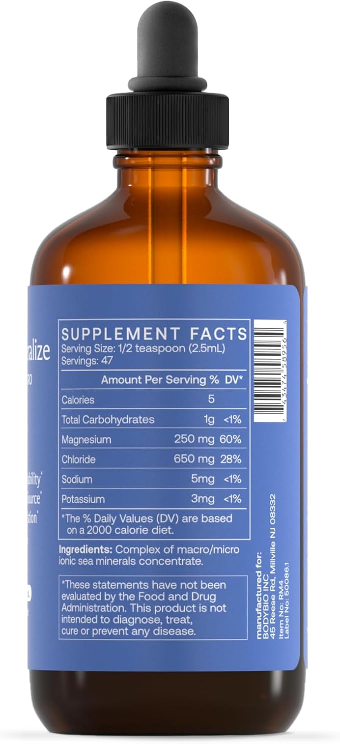 BodyBio ReMineralize - Concentrated Ionic Trace Minerals to Hydrate Detox and Revitalize Your Cells - Over 72 Bioavailable Trace Minerals for Rapid Absorption 4 Fl Oz