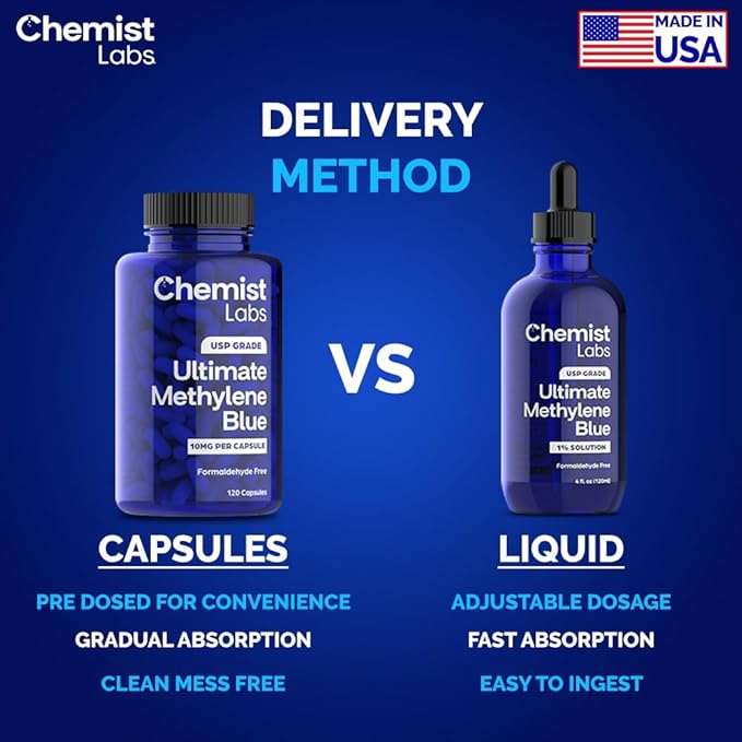 Methylene Blue Capsules for Humans - USP Grade 99% Purity Methylene Blue Pharmaceutical Grade Third Party Tested Supports Cellular &amp Mitochondrial Function Made in USA 120 Count