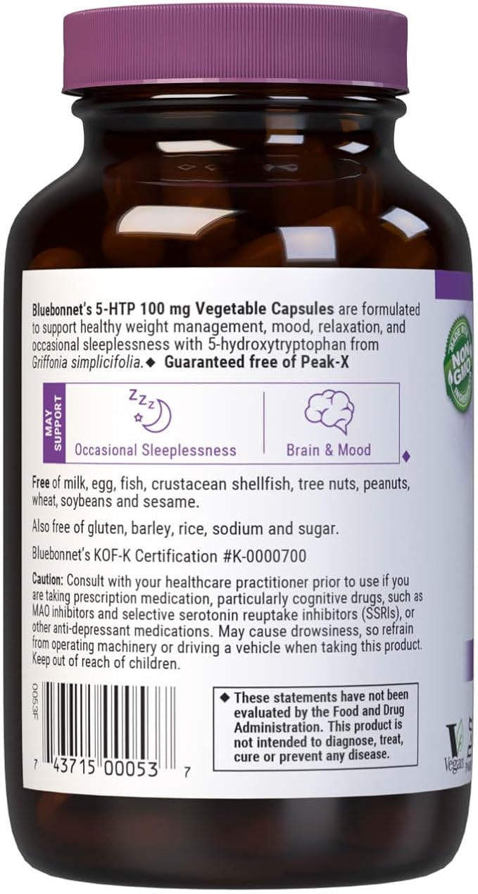 Bluebonnet Nutrition 5-HTP(Hydroxytrypophan) 100mg for Neurotransmitter Support* Supports Positive Mood* Soy-Free Gluten-Free Non-GMO Kosher Certified Vegan White120 Vegetable Capsule