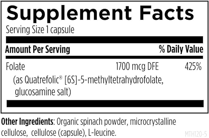 Designs for Health L 5-MTHF - Quatrefolic L Methylfolate Supplement 1mg (1700mcg DFE) - Methylated Folate Supplement for Women &amp Men - Supports Methylation - Non-GMO Gluten Free (120 Capsules)