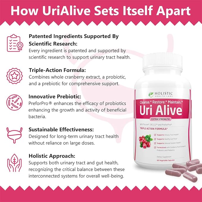 Uri Alive Extra Strength Urinary Support Supplement for Urinary Tract Bladder Gut Flora and Immune System Health (60 Count (Pack of 1))