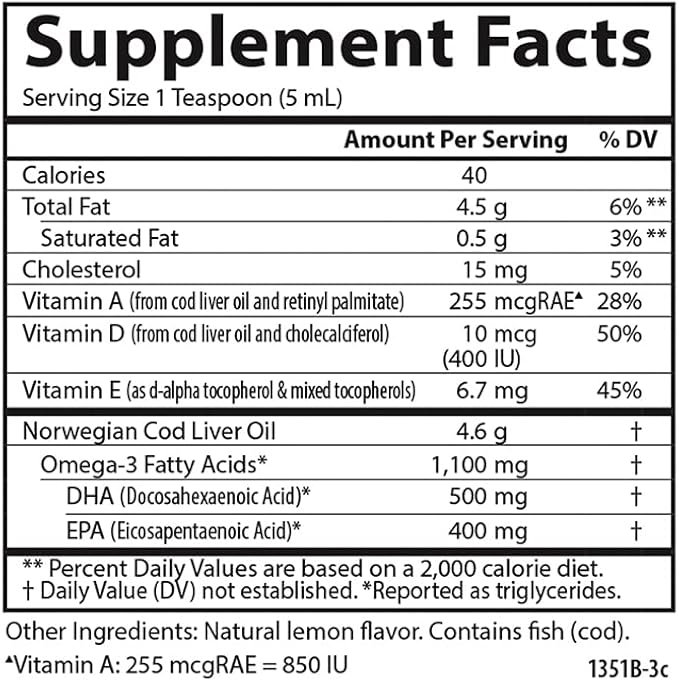 Carlson - Cod Liver Oil 1100 mg Omega-3s Liquid Fish Oil Supplement Wild-Caught Norwegian Arctic Sustainably Sourced Nordic Liquid Lemon 250 ml