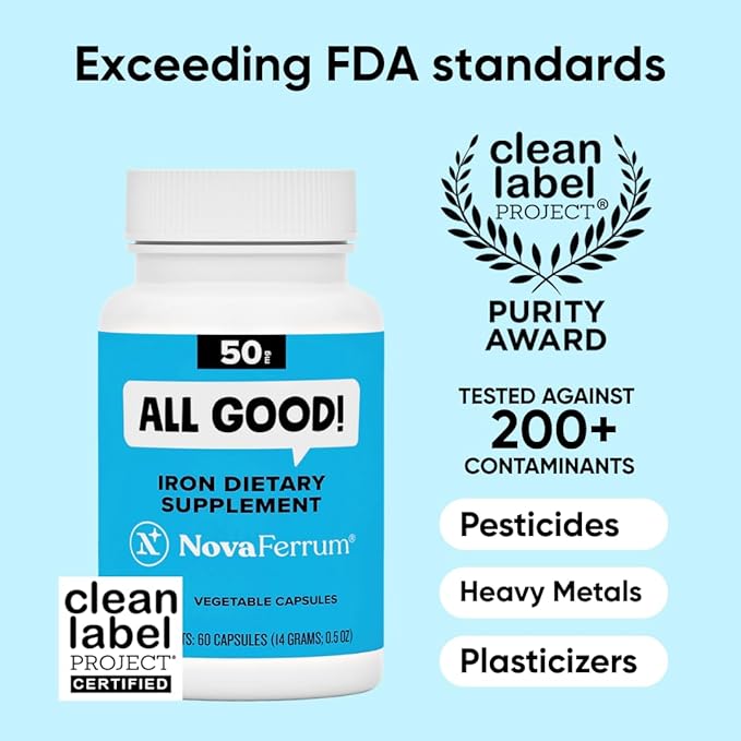 NovaFerrum All Good | Iron Capsule Supplements for Adults | Anemia | 50mg of Iron | 60 Servings | Sugar Free | Vegan | Gluten Free (Pack of 2)