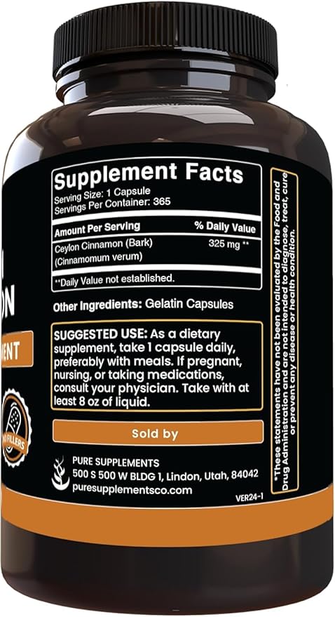 PURE ORIGINAL INGREDIENTS Ceylon Cinnamon (365 Capsules) No Magnesium Or Rice Fillers