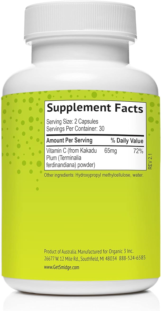 Smidge® Kakadu Plum Capsules 60 ct. Pure Non-GMO Vitamin C from Australian Kakadu Plum. No Fillers No Ascorbic Acid